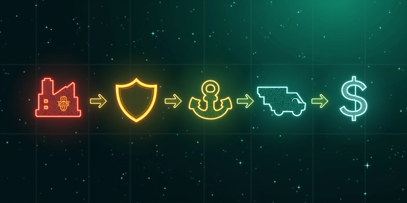 Carteret NJ trade finance supply chain map showing capital flow from overseas factory through Sentinel PO financing, Port Newark customs clearance, NJ Turnpike Exit 12, to Carteret warehouse fulfillment