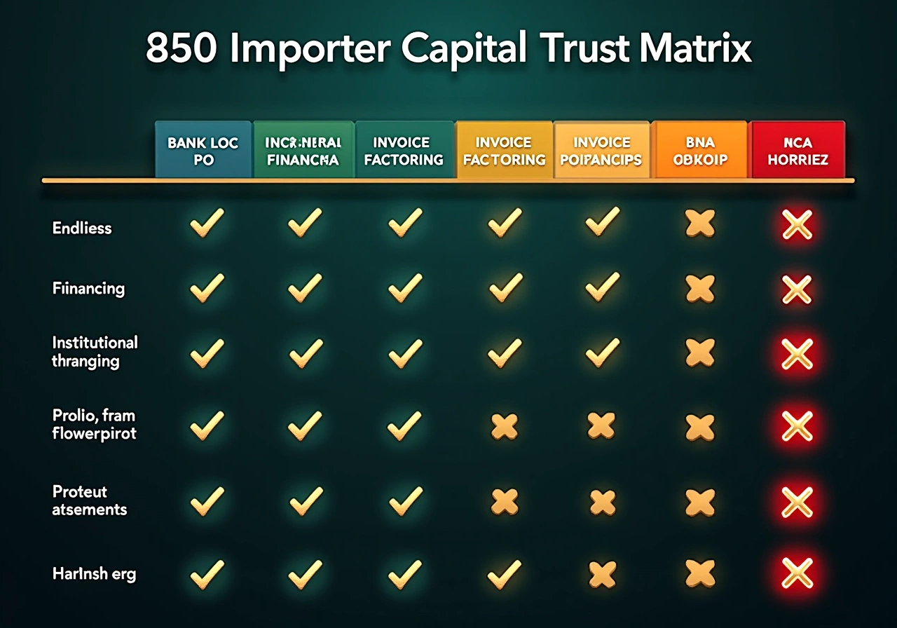 Comparison matrix showing institutional PO financing versus sub-prime merchant cash advance and factoring for NJ importers — advance rates, APR, lien structure comparison
