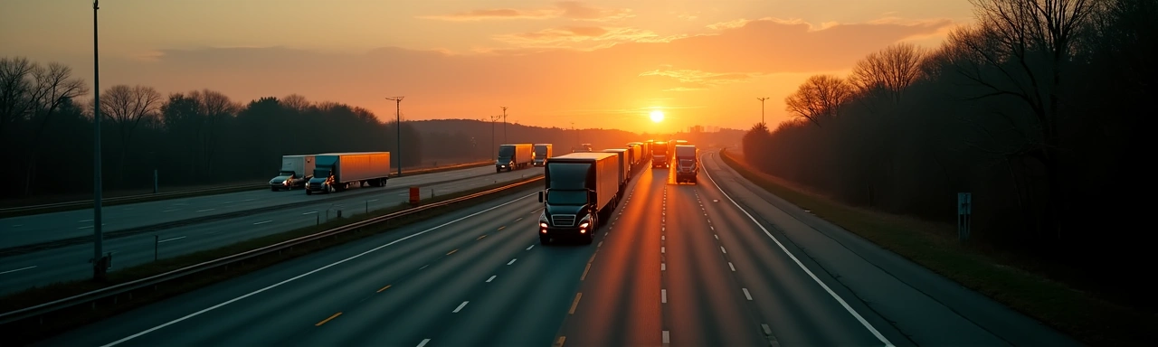Truck convoy on NJ Turnpike at golden hour with warehouse district