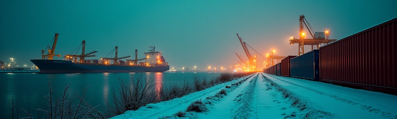 Winter port operations with cargo facility warm lighting against cold weather